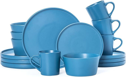 Plates and Bowls Sets for 4 - CJDC-QUELO 16 Piece Stoneware Dinnerware Sets with Mugs, Ceramic Dishware Sets for Kitchen Dining Use, Chip and Scratch Resistant Microwave Dishwasher Safe, Blue