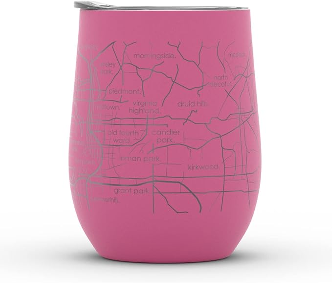 Well Told Engraved Atlanta Georgia Map Insulated Wine Tumbler, Etched Stainless Steel Cup (12 oz, Sunset Pink) City Map Insulated Tumbler, Custom Insulated Tumbler, Outdoor Drinkware