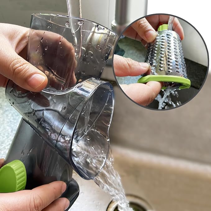 Rotary Cheese Grater Shredder with Handle Handheld Round Mandoline Vegetable Slicer Carrot Shredder Nut Grinder with 3 Replaceable Stainless Steel Drum Blades and Upgrade Strong Suction, Grey/Green