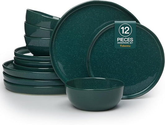 Ceramic Dinnerware Set for 4,Reactive Glaze Plates and Bowls Sets,Microwave Safe,Chip-Resistant Dish Set,Perfect for Modern Dining,Farmhouse Style (Forest Green, Service for 4 (12pcs))