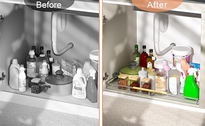 SANNO Pull Out Cabinet Organizer,Slide Out Cabinet Drawer, Bottom-Mounted Cabinet Under Sink Shelf, Expandable Slide Out Shelves for Kitchen Pantry Closet(2pack)