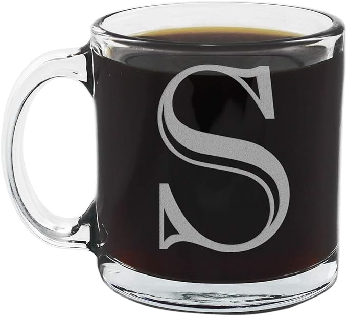 Etched Monogram 12oz Clear Glass Coffee Mug (Letter S), A-Z Customized Gifts for Coffee Lovers, Custom Engraved Gifts for Women Her, Personalized Gift for Men, Initial