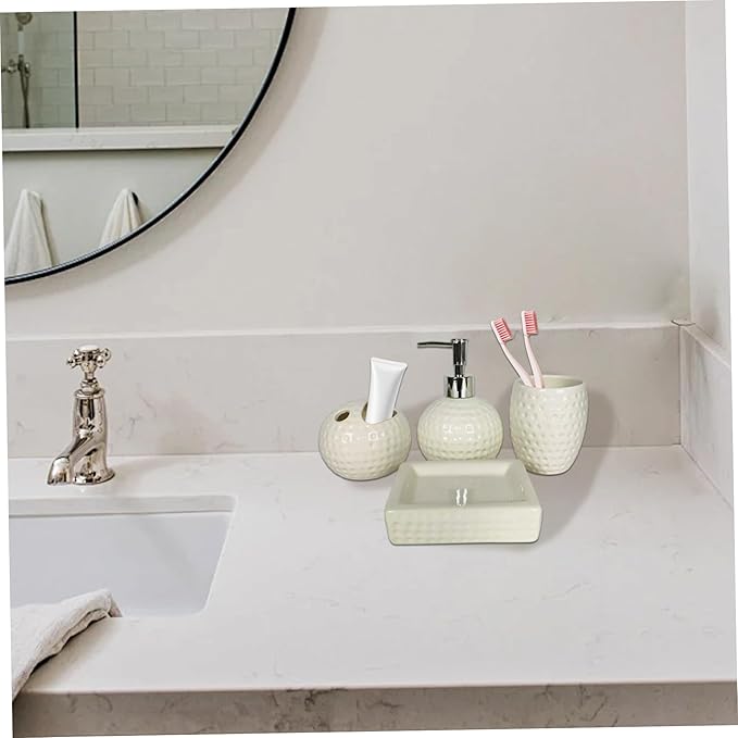 Bathroom Sink Set, 4Pcs White Bathroom Accessories Set Engraved Soap Dispenser with Toothbrush Holder & Tumbler & Soap Dish Ceramic Accessories for Home Hotel