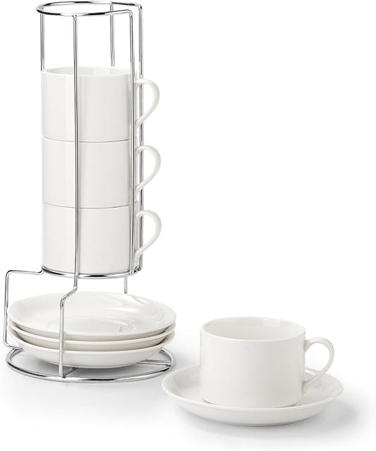 5 Ounce White Porcelain Stackable Espresso Cups with Stainless Steel Holder, Set of 4, Durable Ceramic, Perfect for Home, Office or Gift