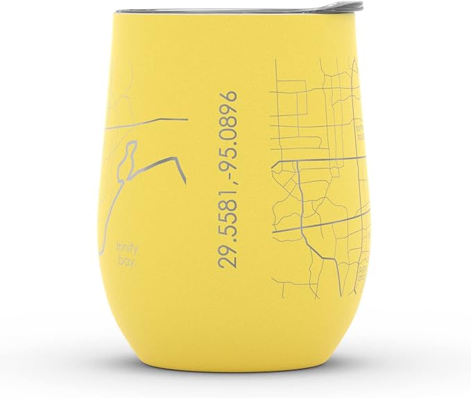 Well Told Engraved Houston Texas Map Insulated Wine Tumbler, Etched Stainless Steel Cup (12 oz, Sunrise Yellow) City Map Insulated Tumbler, Custom Insulated Tumbler, Outdoor Drinkware