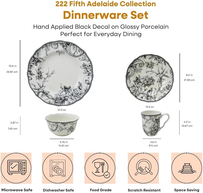 222 Fifth Adelaide 16-Piece Black Porcelain Dinnerware Set – Service for 4, Featuring Hand-Applied Romantic Woodland Bird Design, for Everyday Dining & Entertainment, Microwave & Dishwasher Safe