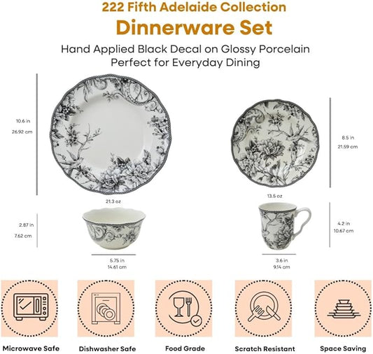 222 Fifth Adelaide 16-Piece Black Porcelain Dinnerware Set – Service for 4, Featuring Hand-Applied Romantic Woodland Bird Design, for Everyday Dining & Entertainment, Microwave & Dishwasher Safe