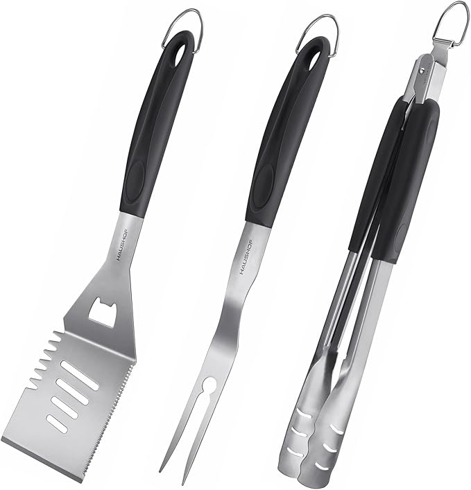 HAUSHOF Large Grill Accessories Heavy Duty BBQ Set Gifts for Men/Women - Premium Stainless Steel Spatula, Fork & Tongs, Barbecue Utensils Tool Kit Gift for Grilling Lover Outdoor (Color Box)