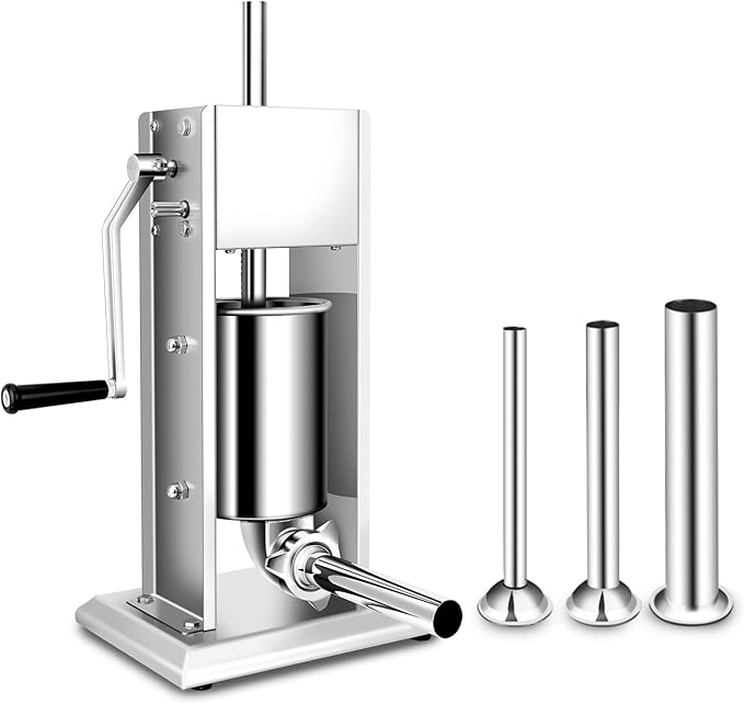 YBSVO 7 lb. Stainless Steel Vertical Manual Sausage Stuffer with 5/8", 7/8", 1 1/4", and 1 1/2" Stainless Steel Funnels