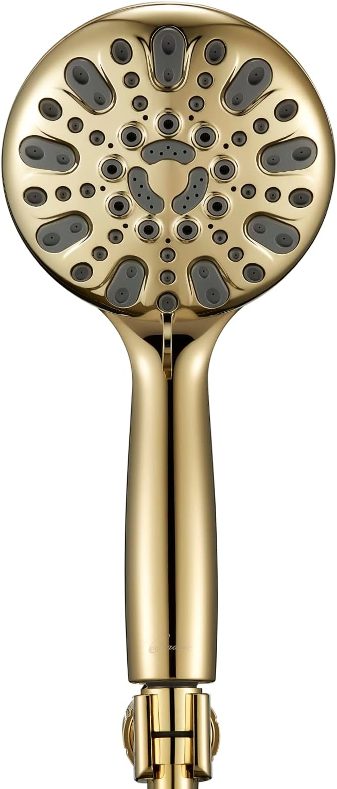 Handheld Shower Head, 6 Spray Setting High Pressure Shower Head with Brass Swivel Ball Bracket and Extra Long Stainless Steel Hose, Polished Brass, 5"