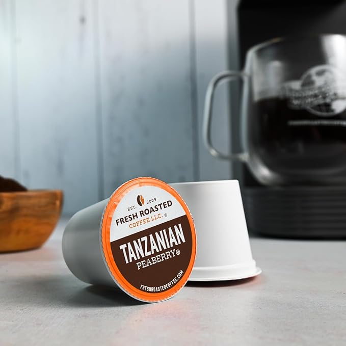 Fresh Roasted Coffee, Tanzanian Peaberry, Light Roast, 24 Pods for K Cup Brewers