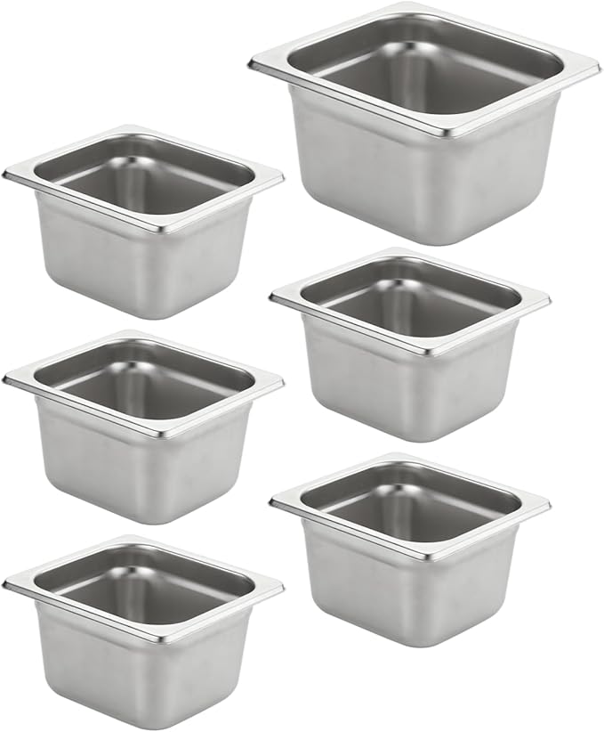 HECMAC 6 Pack Anti-Jam Hotel Pans, 1/6 Size 4 Inch Deep, Commercial Stainless Steel Chafing Steam Table Pan, Catering Storage Metal Food Pan, 23 Gauge
