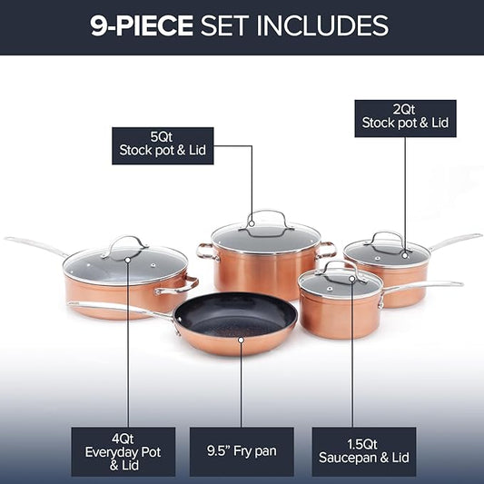 Nuwave Healthy Duralon Blue Ceramic Nonstick Coated 9pc Cookware Set, Scratch-Resistant Diamond Infused, PFAS Free, Induction Ready & Evenly Heats, Oven Safe, Tempered Glass Lids