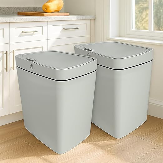 4 Gallon Automatic Sensor Trash Can - Smart Touchless Garbage Bin with Lid, Plastic Waterproof Material for Bathroom, Office, Kitchen, Bedroom (10.63 x 7.17 x 12.13 inches) Two Gray Pieces