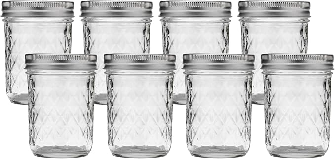 Ball Regular Mouth Quilted Crystal Glass Mason Jars with Lids and Bands, Used for Canning, Pickling, Juice, Jam, Jelly, Half Pint Size (Pack of 8)