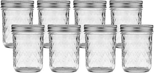 Ball Regular Mouth Quilted Crystal Glass Mason Jars with Lids and Bands, Used for Canning, Pickling, Juice, Jam, Jelly, Half Pint Size (Pack of 8)