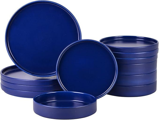 222 Fifth 12 Pieces Porcelain Dinnerware Set for 4, Elegant Navy Blue Plates and Bowls Sets, Matte Ceramic Dishes, Chip Resistant Kitchen and Dining Dish Set, Microwave & Dishwasher Safe, Kaden