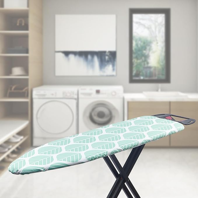 Seiritex Ironing Board Cover and Pad, Standard Size 15 x 54, Thick Padding with Elasticized Edges, Heat Reflective with Hook and Loop Fasteners, 3 Layers Iron Board Cover (Green Leaf)