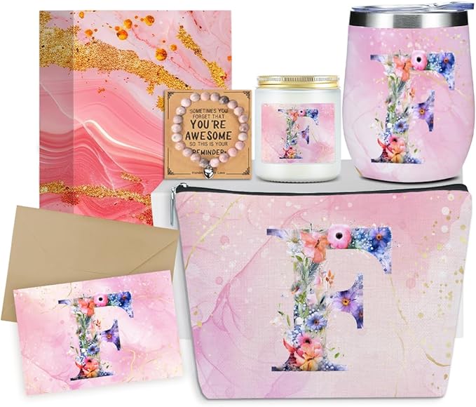 Personalized Gifts Monogrammed Birthday Gifts for Women, Aunt Grandma Retirement Christmas Initial Wine Tumbler Makeup Bag Scented Candle Bracelet Set, (Aesthetic Pink Flower F)