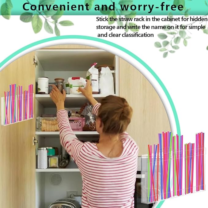 Straw Holder for Cabinet Door, Acrylic Straw Organizer Storage Dispenser, Space Saving Kitchen Accessories Container with Ultra Sticky Adhesive Strips