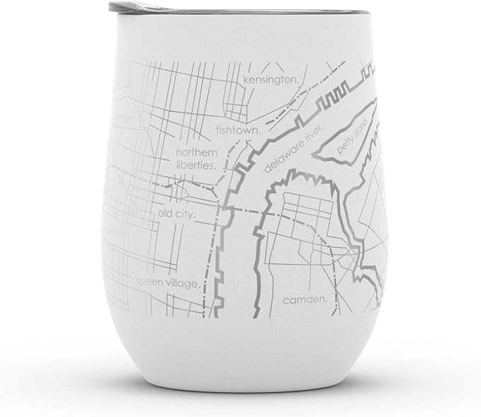 Well Told Engraved Philadelphia Pennsylvania Map Insulated Wine Tumbler, Etched Stainless Steel Wine Tumbler (12 oz, White) City Map Insulated Tumbler, Custom Insulated Tumbler, Outdoor Drinkware