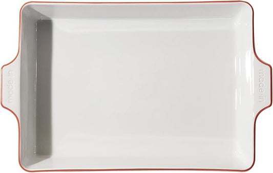 Made In Cookware - Rectangular Baking Dish - Red Rim - Hand Crafted Porcelain - Professional Bakeware - Made in France