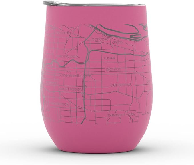 Well Told Engraved Portland Oregon Map Insulated Wine Tumbler, Etched Stainless Steel Cup (12 oz, Sunset Pink) City Map Insulated Tumbler, Custom Insulated Tumbler, Outdoor Drinkware