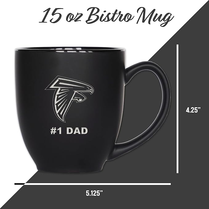 Rico Industries NFL Football #1 Dad 15oz Laser Engraved Matte Black Ceramic Bistro Mug - for Hot or Cold Drinks