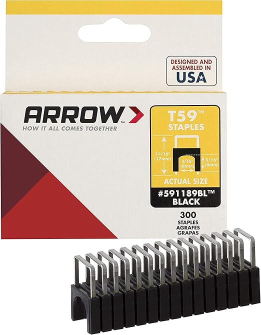 Arrow 591189BLSS Genuine T59 Stainless Steel 5/16-Inch Leg Length by 5/16-Inch Crown Width Insulated Staples for Cable and Wiring, Black, 300 Count