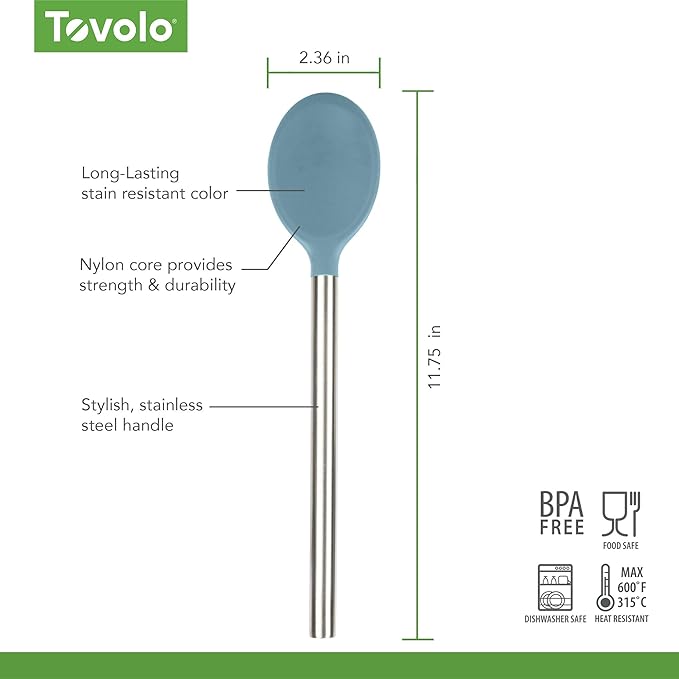 Tovolo Silicone Mixing Spoon with Stainless Steel Handle Blue Slate, Dishwasher Safe Heat Resistant Scratch Resistant Silicone Stirring Cooking Spoon for Nonstick Cookware Kitchen Utensils