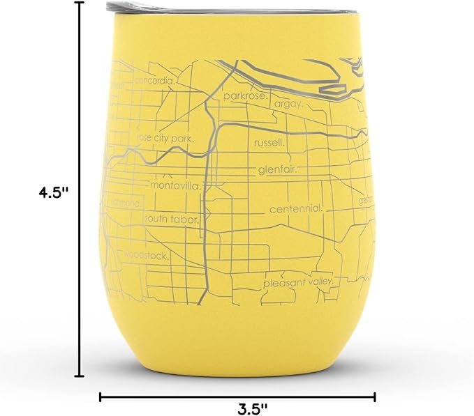 Well Told Engraved Portland Oregon Map Insulated Wine Tumbler, Etched Stainless Steel Cup (12 oz, Sunrise Yellow) City Map Insulated Tumbler, Custom Insulated Tumbler, Outdoor Drinkware