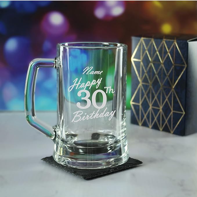 Personalised Engraved Tankard Beer Mug Stein Happy 30th Birthday Handwritten Design Gift Boxed, 16.75oz/495ml Classic Beer Glass, Any Name, Engraved in The UK