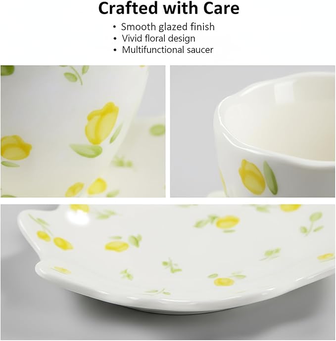 Unique Ceramic Coffee Mug, Cup and Saucer Set, Cute Fancy Girly Afternoon Tea Set Purse Gift, 5.4 oz/160 ml Yellow flowers