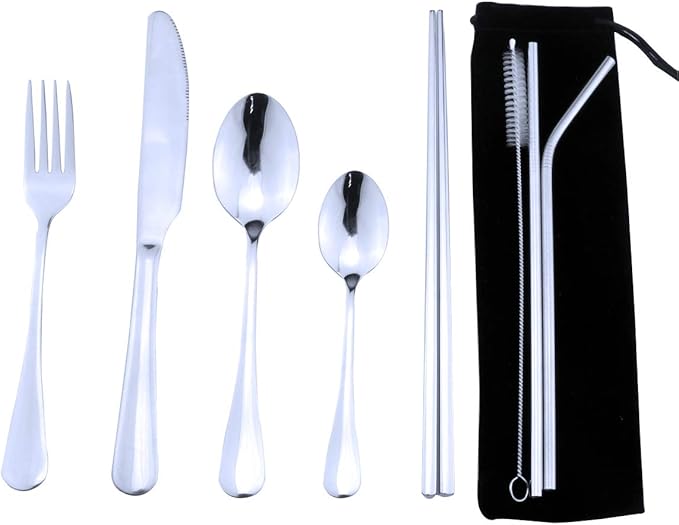 Gugrida Silver Reusable Utensils with Case, Healthy & Eco-Friendly 8 Pieces Portable Stainless Steel Flatware Tableware Dinnerware Set, Portable Travel Camping Cutlery Knife Fork Spoon Straws Set