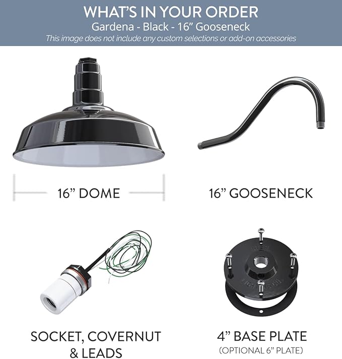 Steel Lighting Co. | Dusk to Dawn | Gardena Barn Light | Outdoor Wall Mounted | 16" Dome | 16" Gooseneck | Farmhouse Light Made in America | Black Exterior/White Interior