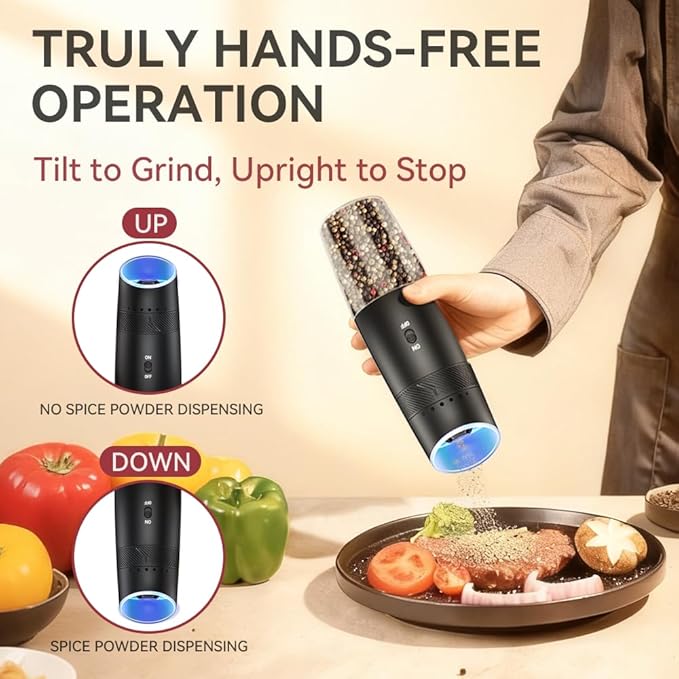 Gravity Electric Salt and Pepper Grinder Set, Automatic Shakers Pepper Mill with Rechargeable Base, External Adjustable Coarseness, LED Light, Easy Refill for Kitchen, Outdoor, Gift Giving(Black)