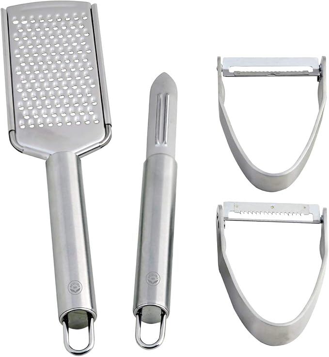 NewlineNY Stainless Steel Kitchen Tools: Veggie Fruit Shredder Slicer Grater Peeler, 4 Pcs Set: 1 Straight 1 Julienne Peeler 1 Cheese Vegetable Grater 1 Traditional