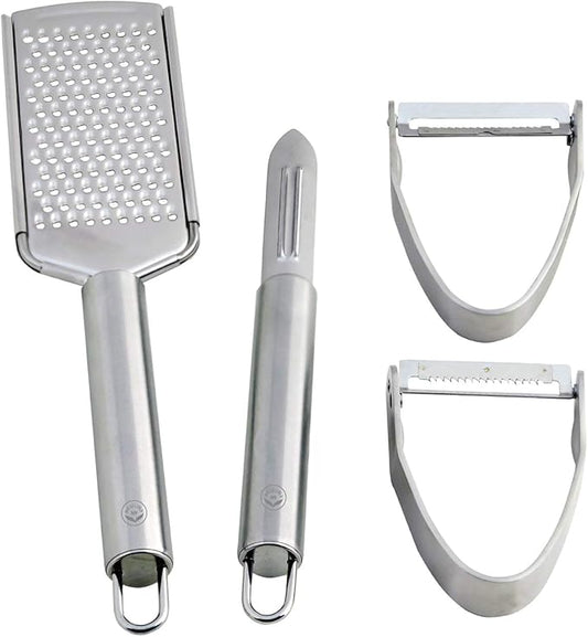 NewlineNY Stainless Steel Kitchen Tools: Veggie Fruit Shredder Slicer Grater Peeler, 4 Pcs Set: 1 Straight 1 Julienne Peeler 1 Cheese Vegetable Grater 1 Traditional