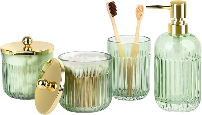 Bathroom Accessories Set,4 Pcs Green Glass Bathroom Accessories Set with Toothbrush Holder,Lotion Soap Dispenser,2 Qtip Holder Dispensers - Countertop Organizer for Modern Bathroom Decor - Green