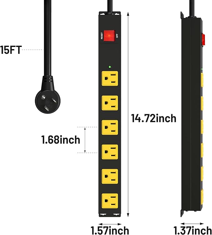 Heavy Duty 6 Outlet Metal Long Power Strip, 2700J Surge Protector with 15A Circuit Breaker, 15FT Extension Cord, Wall Mount for Garage, Workshop & Industrial Use, Wide Spaced (15ft)