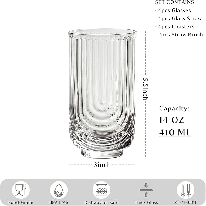INSETLAN Vintage Glassware Arch Design Glass cups Set of 4, Fashioned Ripple Glassware Highball Glass, Classic Transparent Cocktail Glasses, for Bar Beverages Ice Coffee Juice Water (4pcs-L)