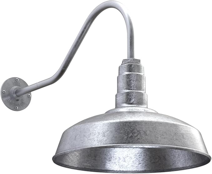 Steel Lighting Co. | Dusk to Dawn | Gardena Barn Light | Outdoor Wall Mounted | 16" Dome | 23" Gooseneck | Farmhouse Light Made in America | Galvanized Exterior/Galvanized Interior