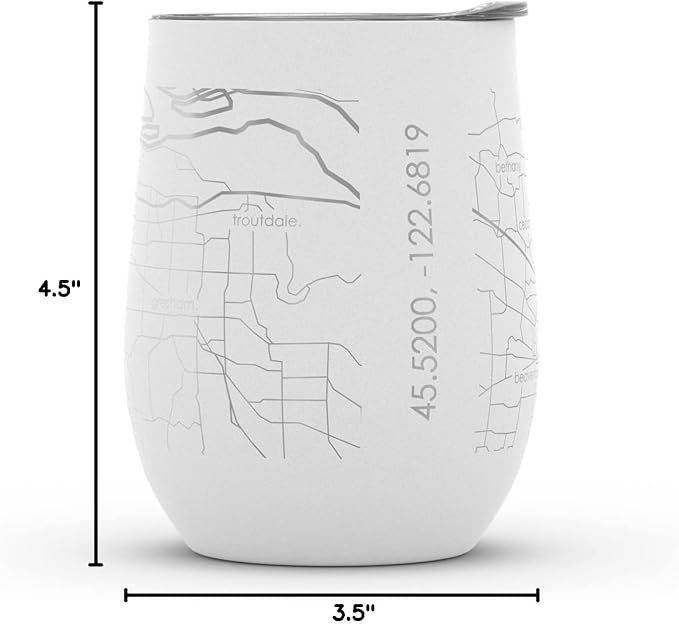 Well Told Engraved Portland Oregon Map Insulated Wine Tumbler, Etched Stainless Steel Wine Tumbler (12 oz, White) City Map Insulated Tumbler, Custom Insulated Tumbler, Outdoor Drinkware