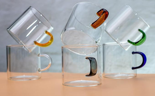 Bacimi® Clear Espresso Cups with Colorful Handles - Set of 6 / 4oz / 120ML - Borosilicate Glass Mugs for Cappuccino, Tea, Latte, & Hot Beverage - Mini Drinking Cups - Microwave Safe