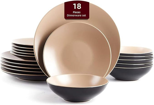 Stoneware Two-Tone Colors Life 18 Dinner Set， Outside Shiny Black + Inside Matte Glaze Beige