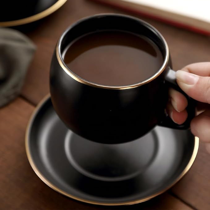 Ceramic Teacup and Saucer Set with Gold Trim Design 9.8oz Matte Plain Color Ceramic Coffee Mug Black
