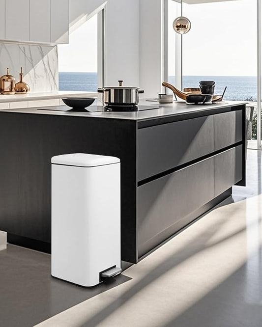 8 Gallon Trash Can with Lid, White Kitchen Trash Can with Soft Close, InnerBucket & Steel Pedal, Stainless Steel Garbage Can for Kitchen, Laundry Room, Office, Bathroom, Dorm, 30 Liters
