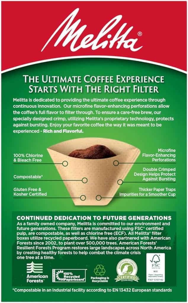 Melitta #2 Cone Coffee Filters, Natural Brown, 100 Count (Pack Of 6), 600 Total Filters - Fits all 2-6 Cup Cone Coffee Makers and 1-cup Pour-Over Brewers, Compostable, Tear-Resistant, Made in USA