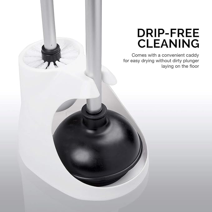 NEIKO 60167A Toilet Plunger with Holder for Brush and Bathroom Plunger Set, Clean Aluminum Handle, White Plunger Caddy, Toilet Brush Set for Cleaning Toilet Bowl