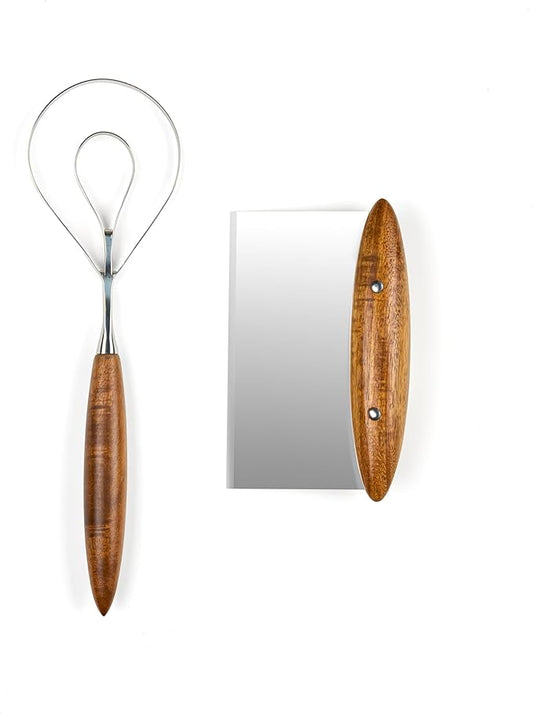 Nambe x Tom Papa Breaking Bread Gift Set, Bench Knife & Whisk - Stainless Steel Tools with Acacia Wood Handles for Dough Cutting, Mixing & Baking Prep - Kitchen Utensil Duo, Modern Housewarming Gift